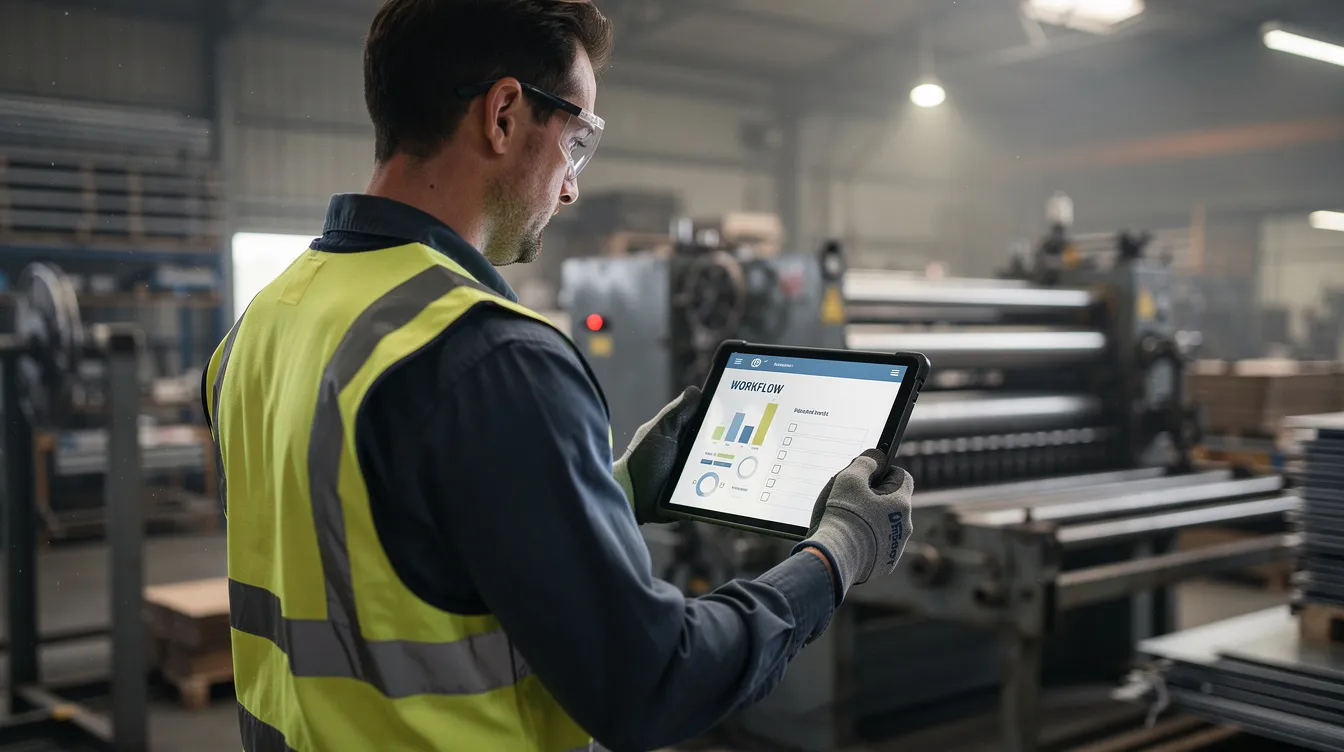 A mentor using a tablet device in an industrial workshop to manage apprenticeship workflows.
