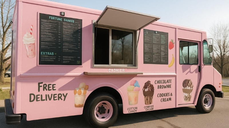 Food truck wrap showing menu options