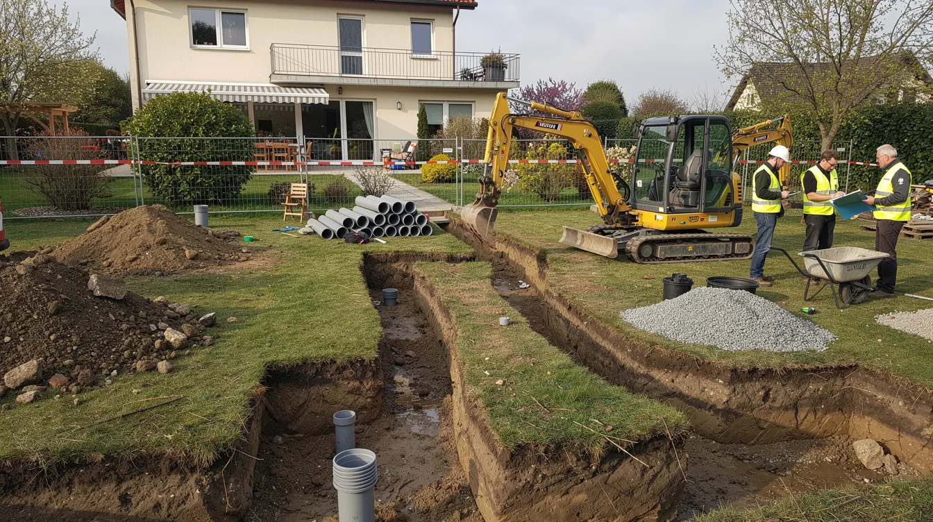 Sur cette image, un chantier de terrassement est en cours dans un jardin, avec une mini-pelle creusant des tranchées pour l'installation d'un système d'assainissement, tel qu'une micro station d'épuration. Les tranchées ouvertes sont prêtes à accueillir le matériel nécessaire pour le traitement des eaux usées.