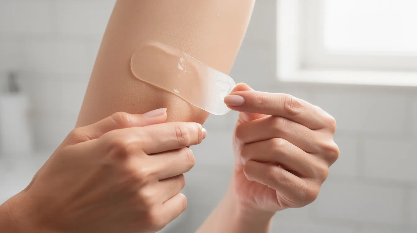 In a clean bathroom setting, a pair of hands is carefully applying a silicone gel strip to an upper arm, which may have a short scar from an arm lift procedure. The gel is intended to help improve the texture and appearance of the scar while promoting healing and reducing redness.
