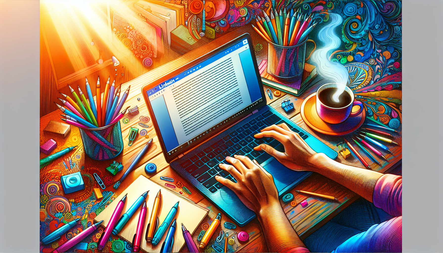 An illustration of a person writing a LinkedIn article with various writing tools around them.