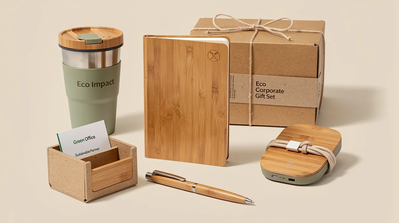 Na obrazku znajdują się ekologiczne prezenty korporacyjne wykonane z bambusa i materiałów recyklingowych, które mogą zawierać logo firmy. Te nowoczesne rozwiązania stanowią strategiczne narzędzie budowania trwałych relacji z partnerami biznesowymi i wyrażania wdzięczności wobec klientów oraz pracowników.