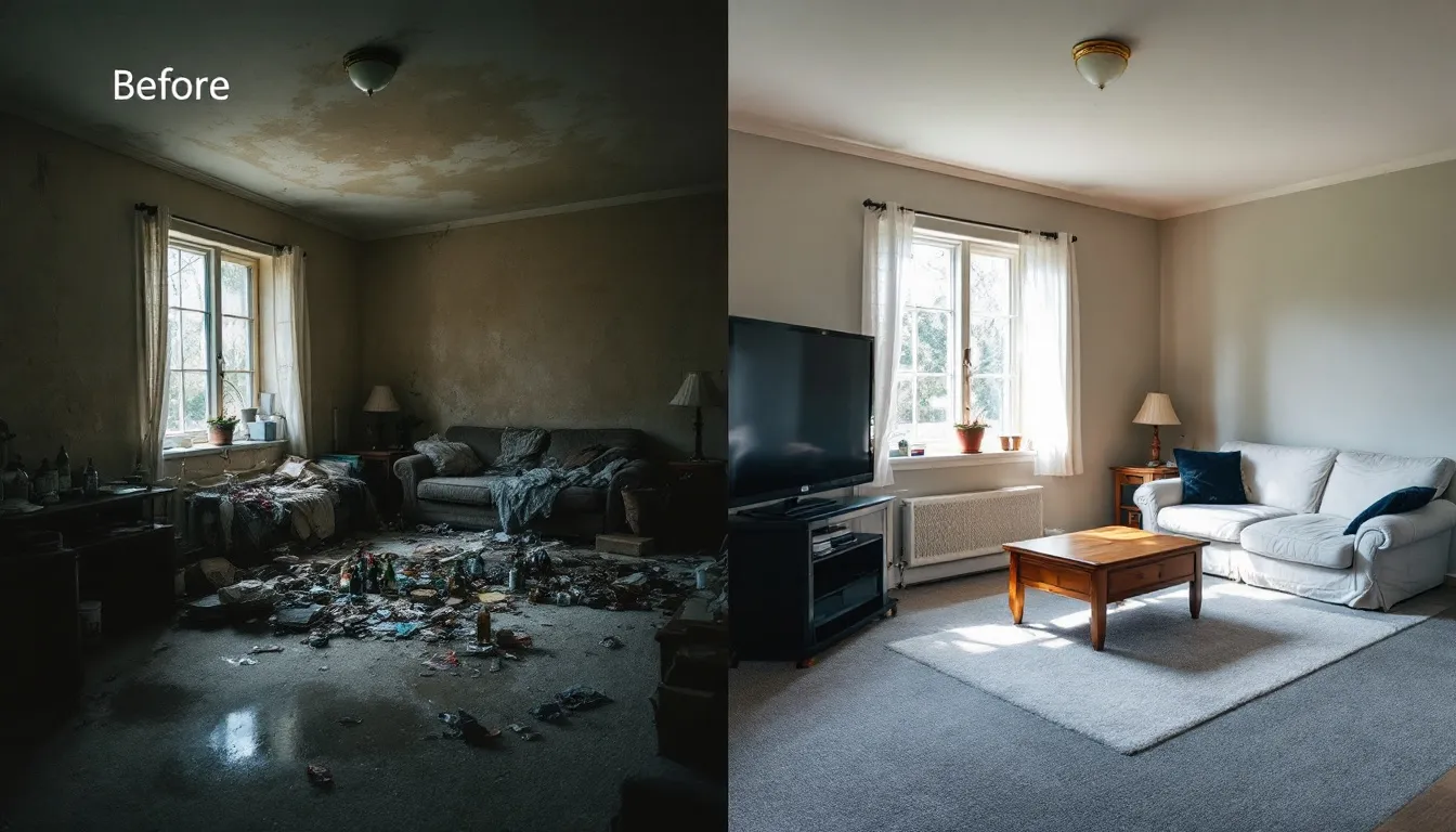 Before and after images of property restoration after a death.