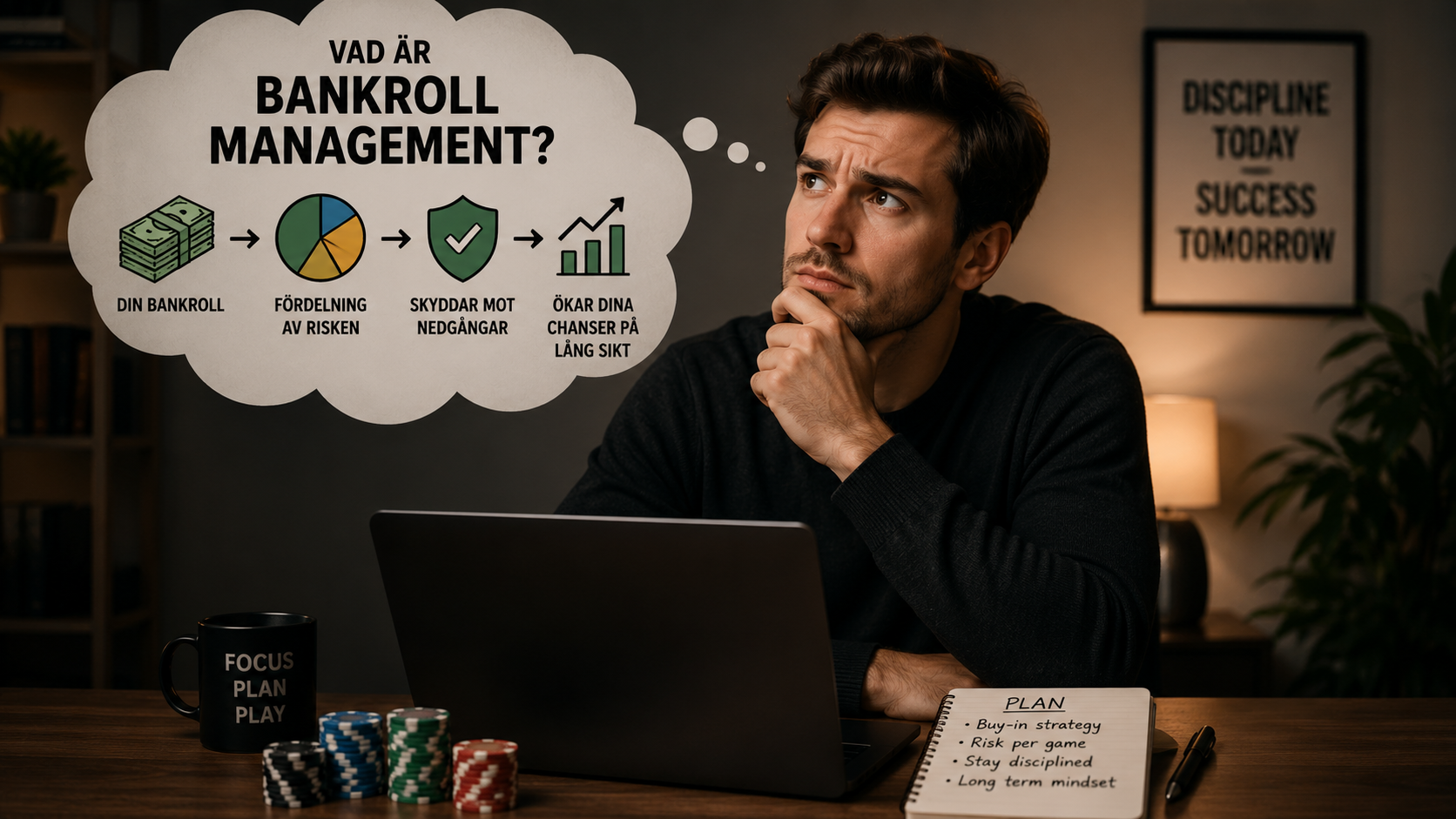 Man framför laptop som funderar på bankroll management och disciplin inom casinospel.