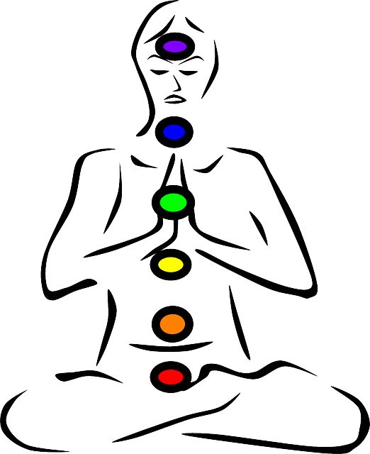 A drawing of a person sitting cross-legged, with different colored chakras running down the front of the body.