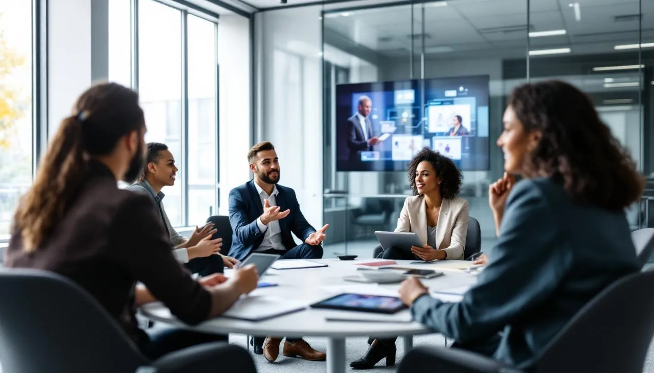 In a modern training environment, diverse business professionals are collaborating on leadership development activities, enhancing their leadership skills and engaging in team-building exercises. This dynamic setting fosters strategic thinking and nurtures growth among emerging leaders and senior executives alike.