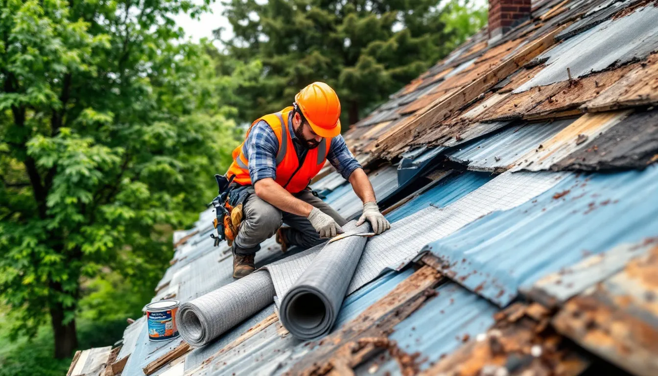 Emergency roof repair services being conducted on a residential building.