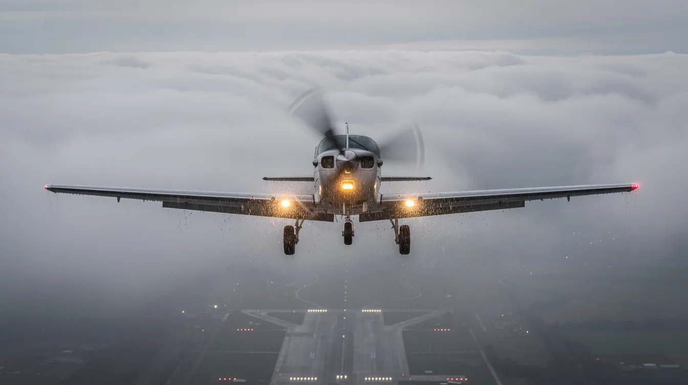 A small aircraft is seen emerging from a thick layer of clouds during an instrument approach, showcasing the skill required for instrument training and the importance of understanding flight instruments in aviation. This image highlights the critical moment pilots experience when navigating through low visibility conditions, emphasizing the need for thorough preparation and knowledge for the FAA knowledge test.