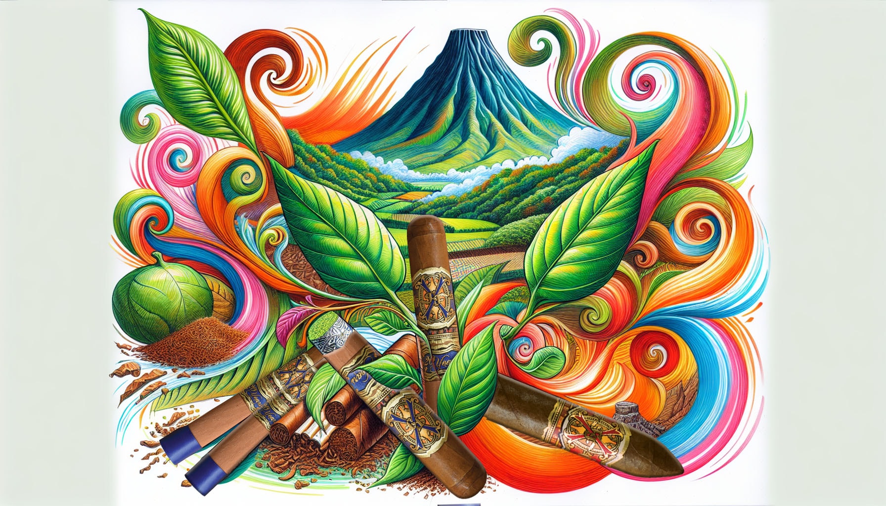 A vibrant illustration showcasing the balanced flavors of Fuente Fuente Opus X cigars.