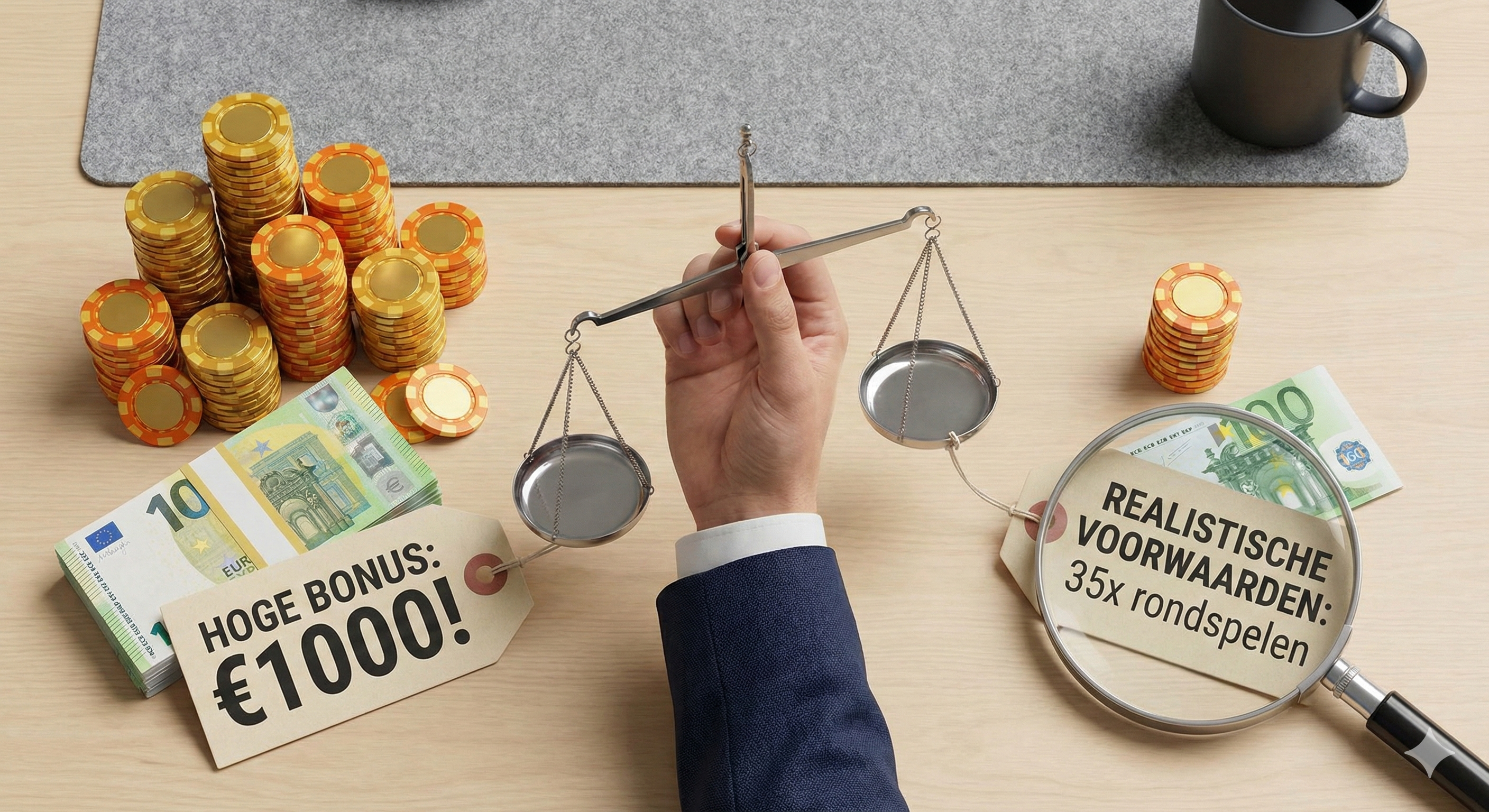 Weegschaal met casinofiches en contant geld die een hoge casino bonus van €1000 afweegt tegen realistische bonusvoorwaarden van 35x rondspelen.