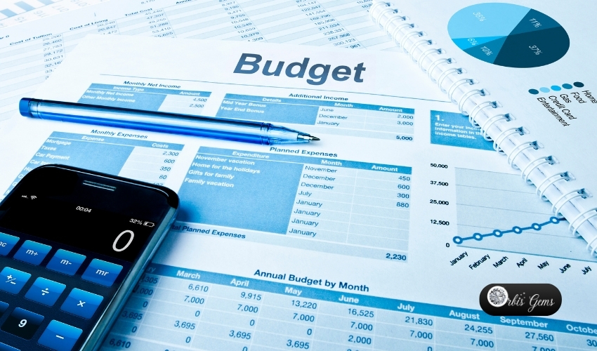Financial budget planning spreadsheet with sections for monthly net income, additional income, monthly expenses, and planned expenses, alongside a calculator and pen, from Orbis Gems.