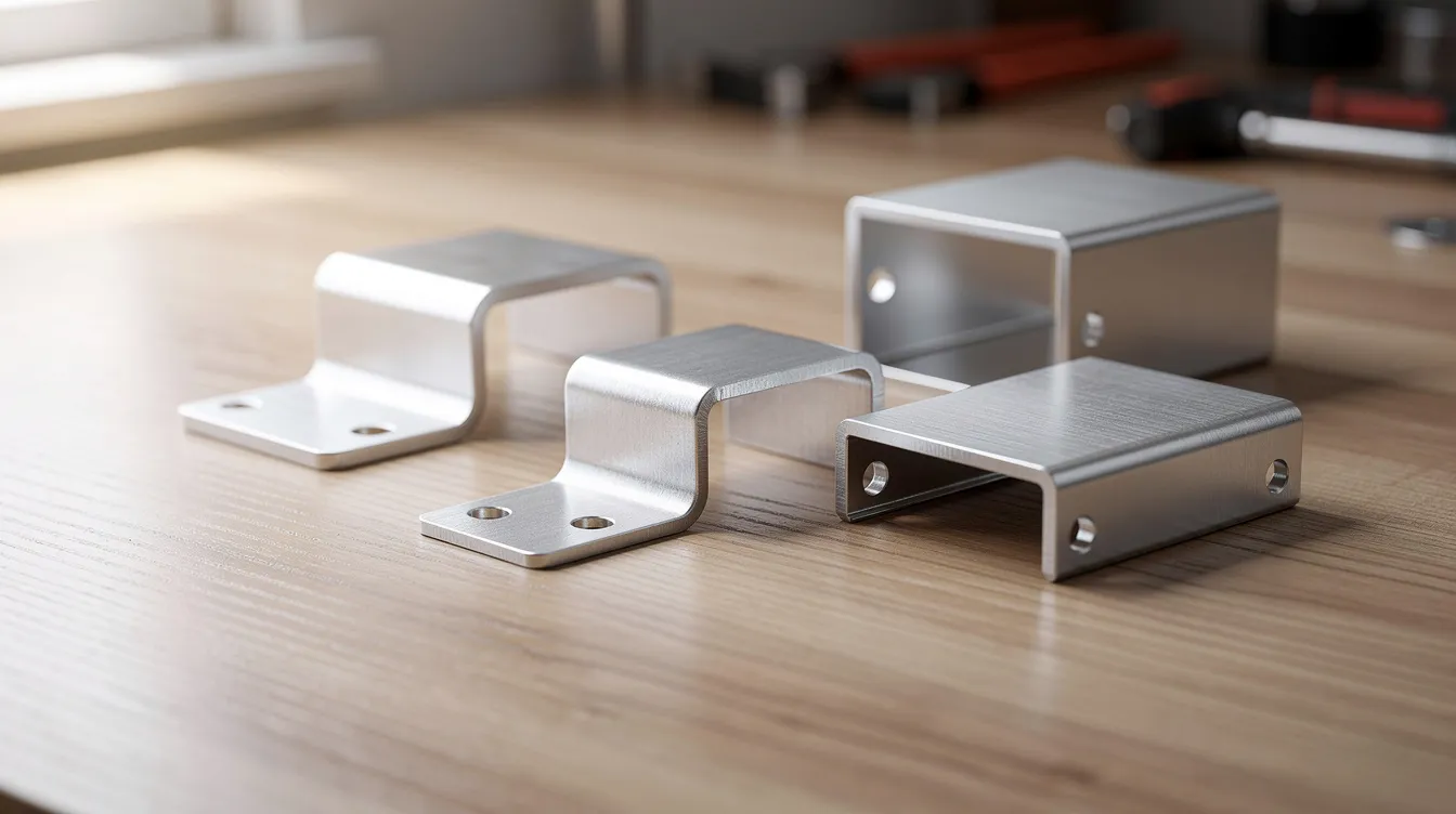 The image shows several bent metal brackets and enclosures made from aluminum and stainless steel, neatly arranged on a workbench. These bent sheet metal parts highlight various bending techniques, showcasing a range of shapes and angles that demonstrate the precision and versatility of the bending process.
