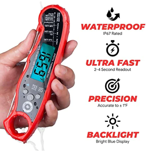 Instant Read Meat Thermometer - Waterproof, Ultra Fast, Accurate Precision with Backlit Blue Light Display