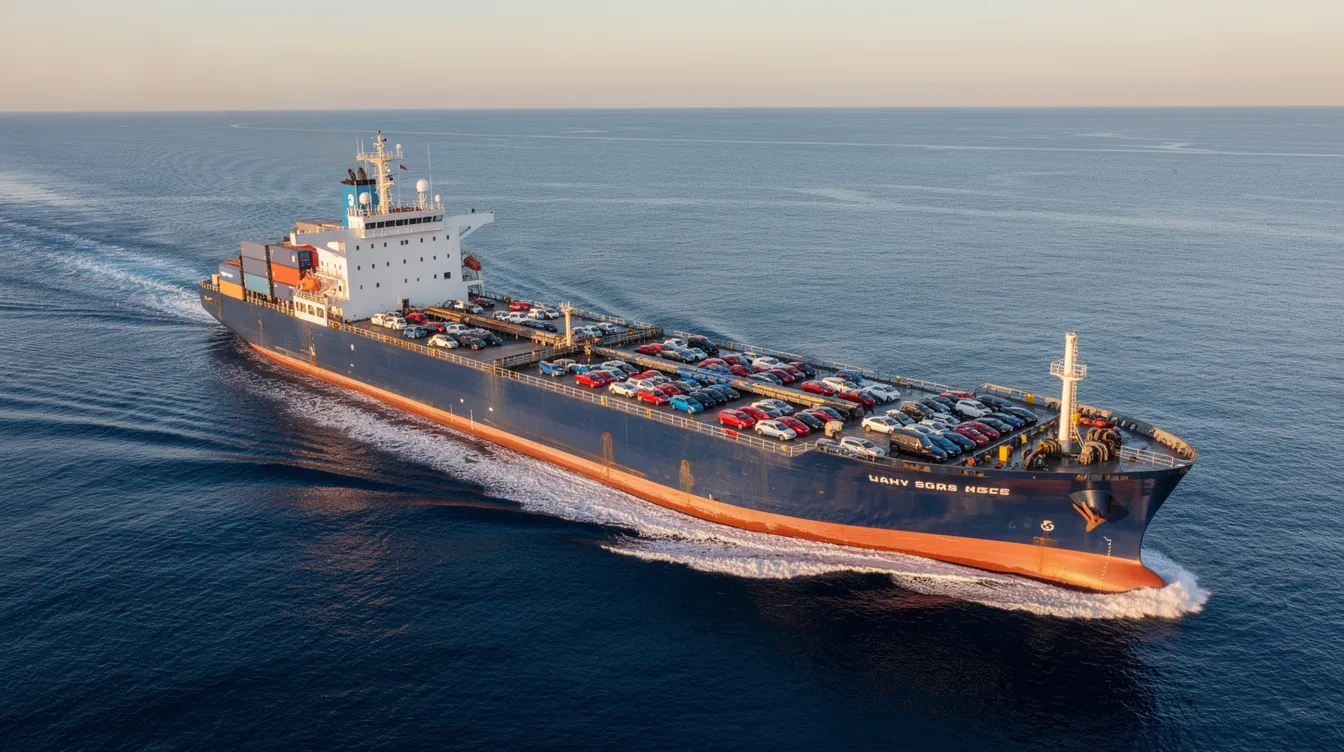 A large cargo ship is sailing through calm ocean waters, with multiple vehicles visible on its deck, showcasing the vehicle shipping process. This scene highlights the efficient auto transport services available for shipping cars to destinations like Alaska, ensuring a hassle-free experience for customers.