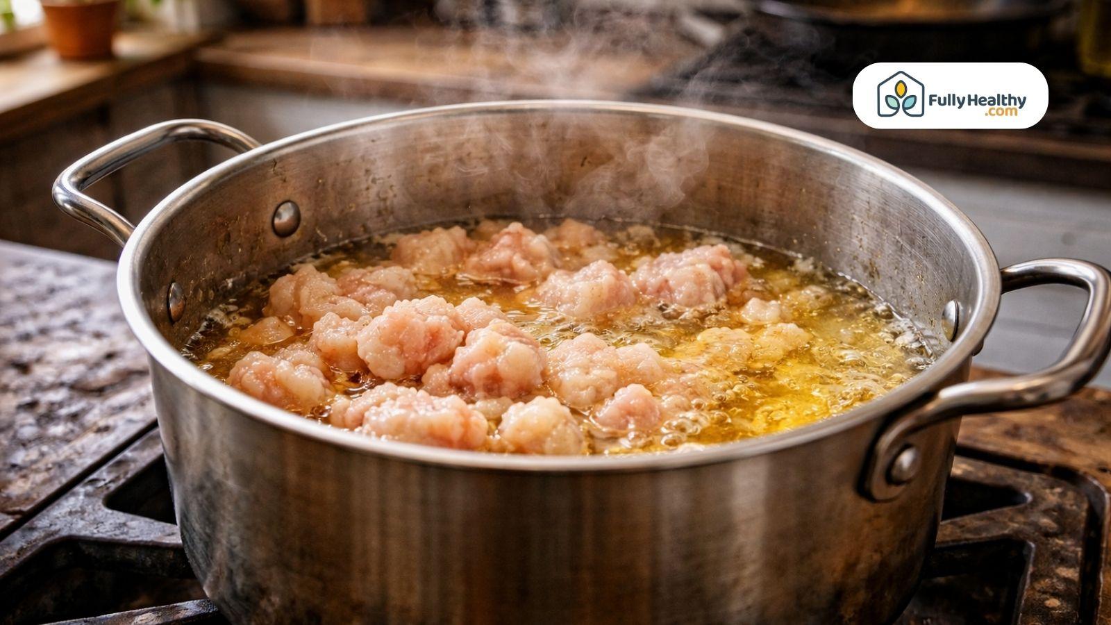 Beef fat melting in pot during tallow rendering cooking process