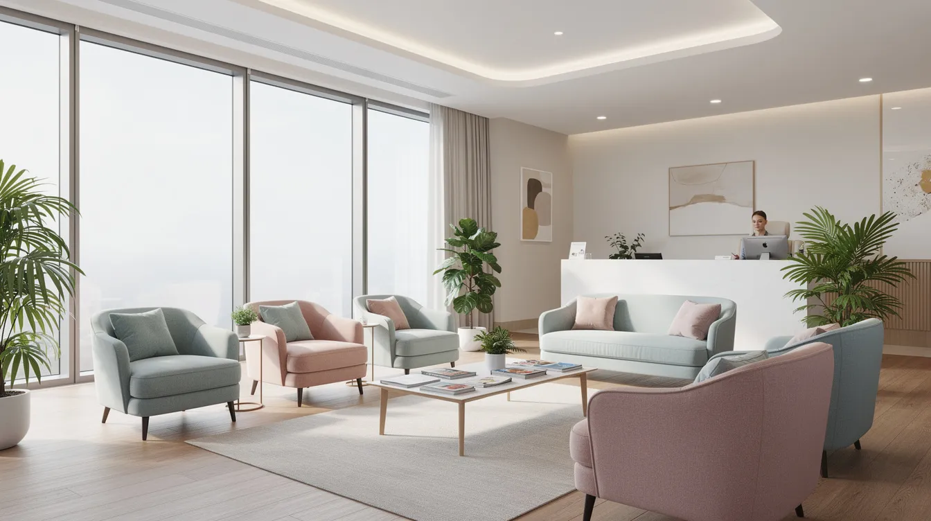 The image depicts a welcoming clinic waiting area filled with natural light, featuring soft chairs that invite comfort and relaxation. This environment is conducive to mental health treatment, providing a supportive space for individuals seeking psychosocial interventions and therapy for mental health conditions.