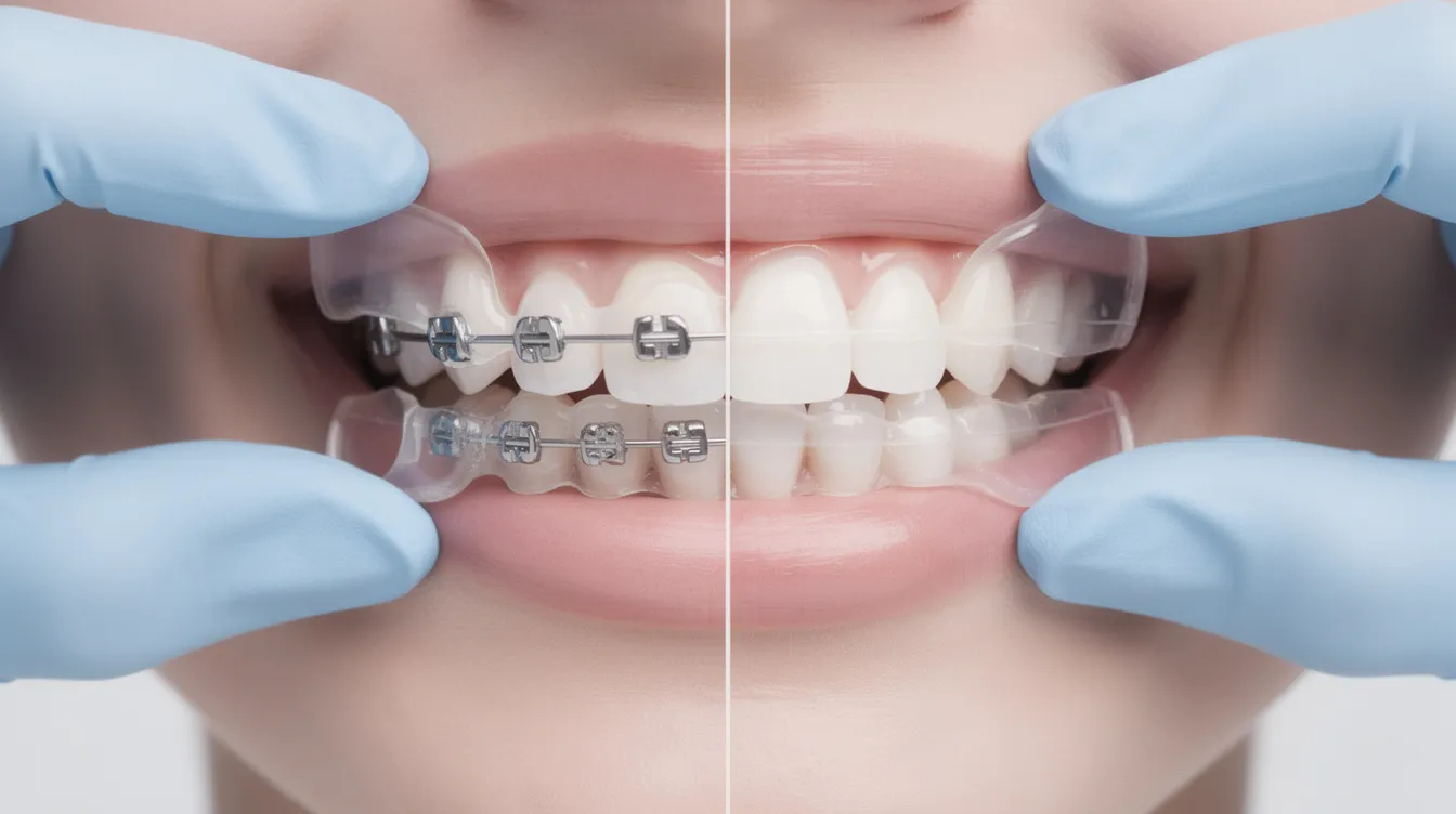 The image shows clear plastic aligner trays being placed on natural teeth, highlighting their discreet appearance compared to traditional metal braces. This cosmetic dentistry option offers a minimally invasive way to straighten misaligned teeth while enhancing overall oral health and boosting self-confidence.