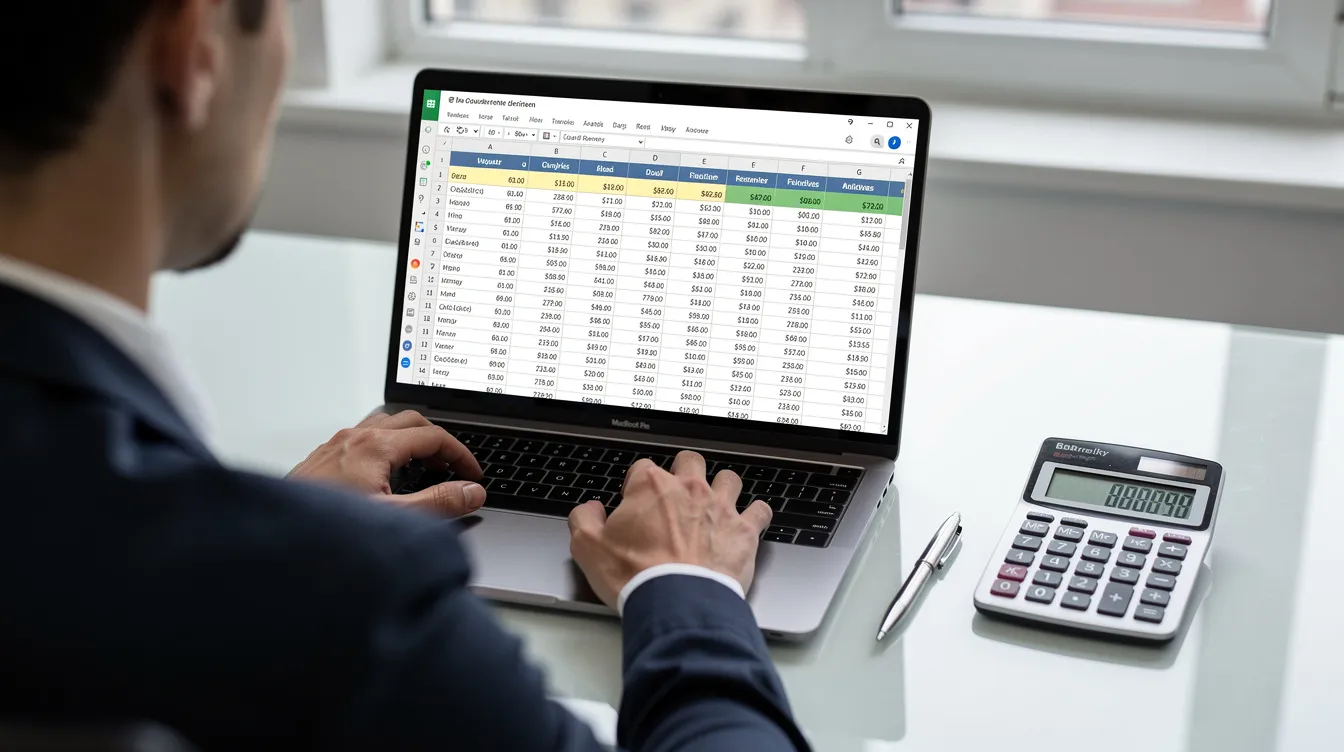 A person is sitting at a desk, focused on reviewing a spreadsheet displayed on their laptop, with a calculator and a pen nearby. The scene suggests they may be analyzing financial data related to home equity loans or debt consolidation, possibly considering their monthly payments and interest rates.