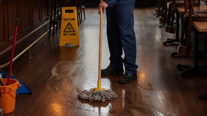 A man cleaning hardwood floors at a bar