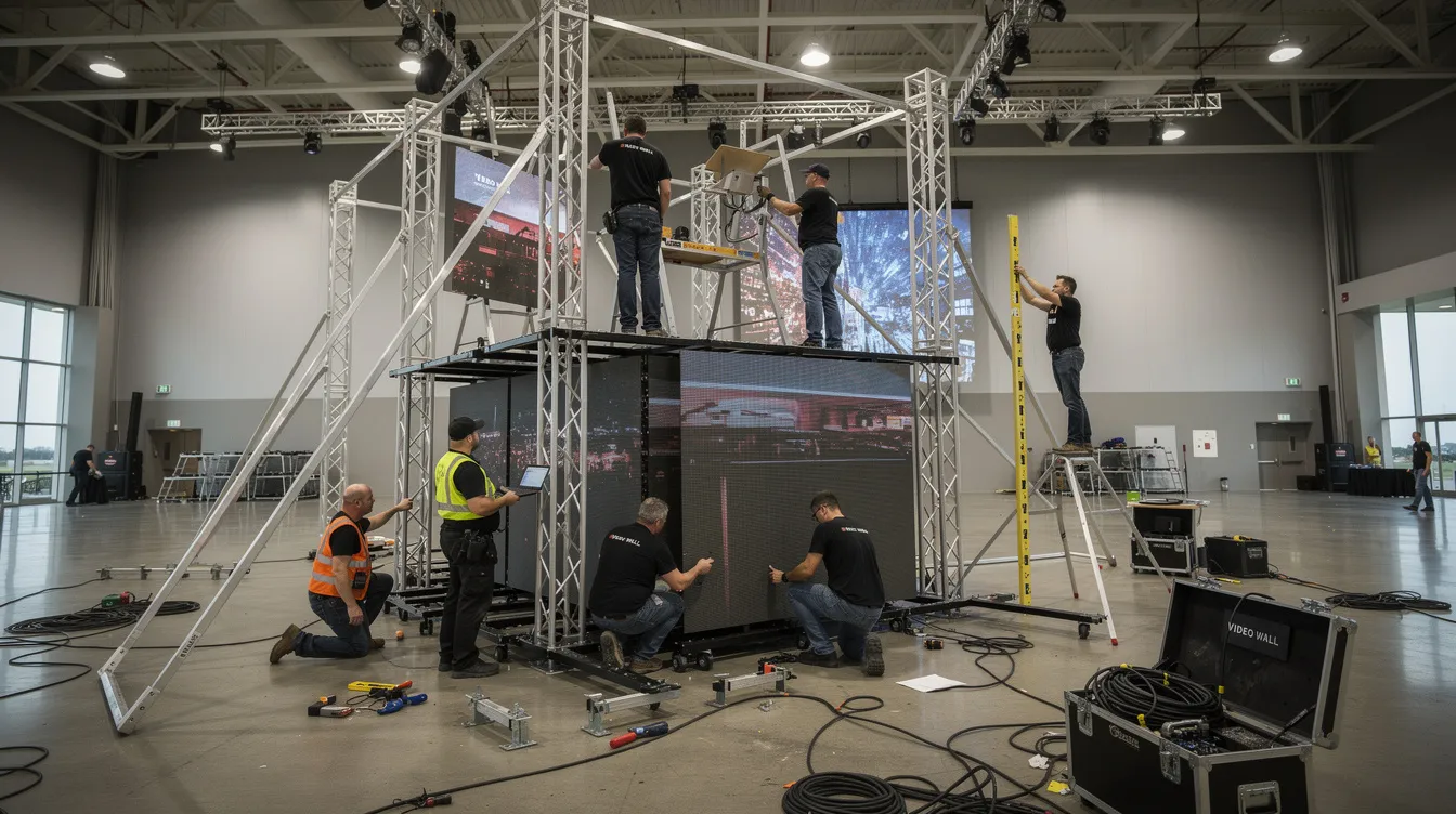 A production crew is assembling a ground-supported LED video wall structure with truss and bracing inside a convention center, showcasing the setup process for high-quality visuals at corporate events and trade shows. The scene highlights experienced technicians working to ensure seamless integration of the LED walls, which will engage audiences with bright and impactful displays.