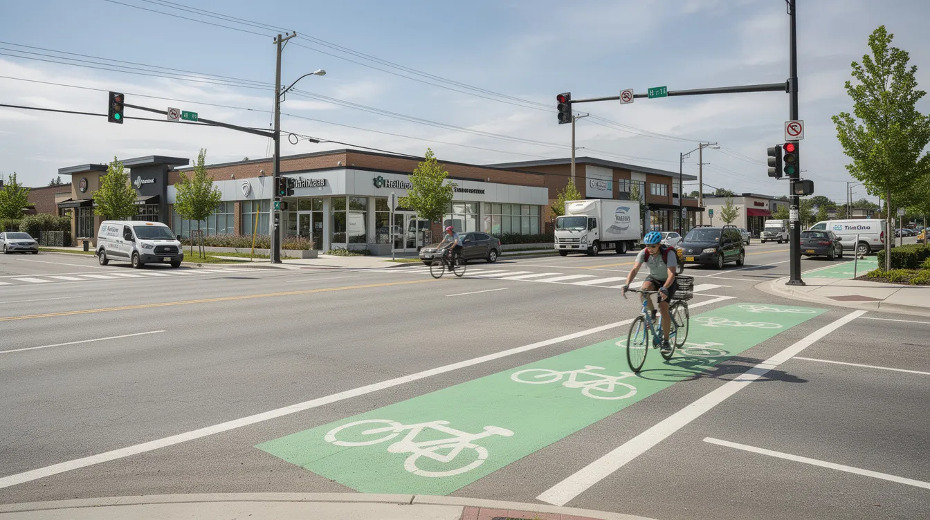 The image depicts a suburban intersection featuring marked cycling lanes alongside busy commercial vehicle traffic, highlighting the potential risks for bicyclists. This scene underscores the importance of legal representation for injured bicyclists in personal injury cases, particularly in Conroe, Texas, where bicycle accidents can lead to serious injuries and financial compensation claims.