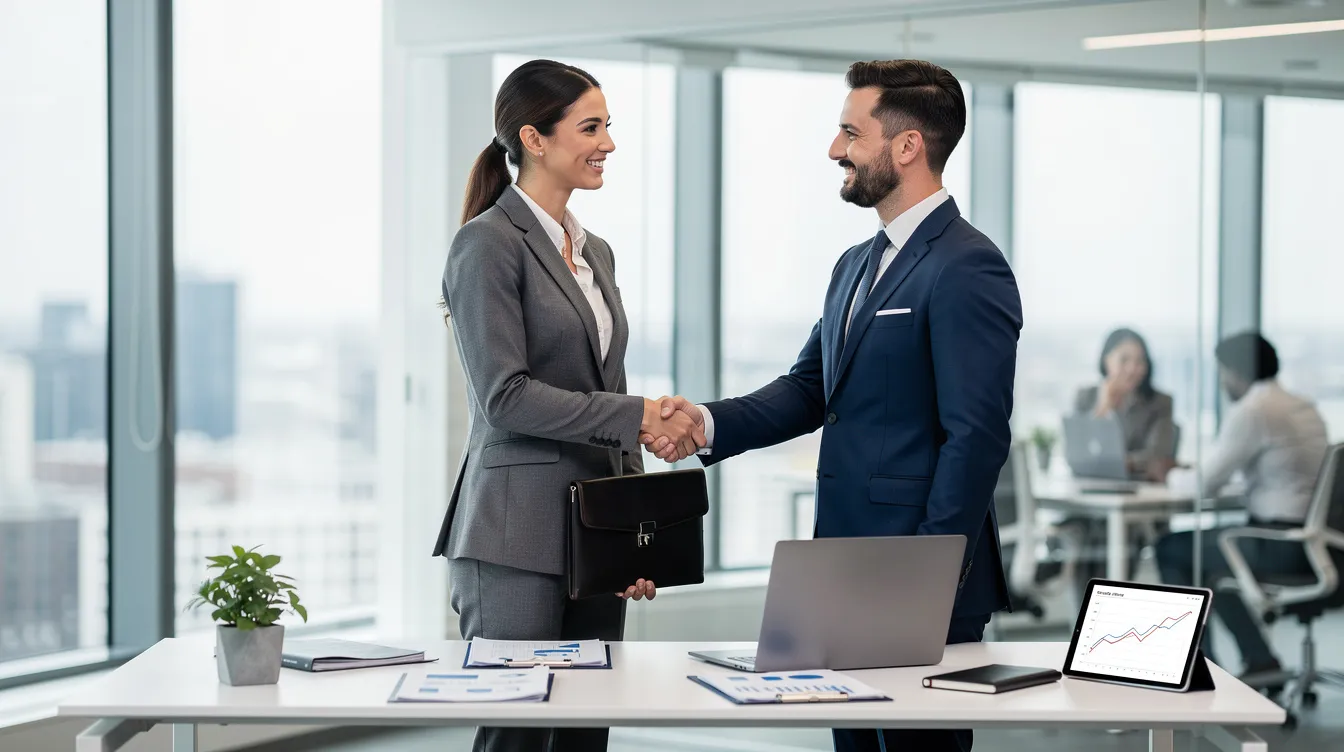f10bc06e b116 41be b891 ec0d6a772730 The image depicts an entrepreneur shaking hands with a financial advisor in a modern office, symbolizing a successful partnership in securing business loans. The setting conveys a professional atmosphere where discussions about loan interest rates, including competitive rates for mudra loans, are likely taking place.