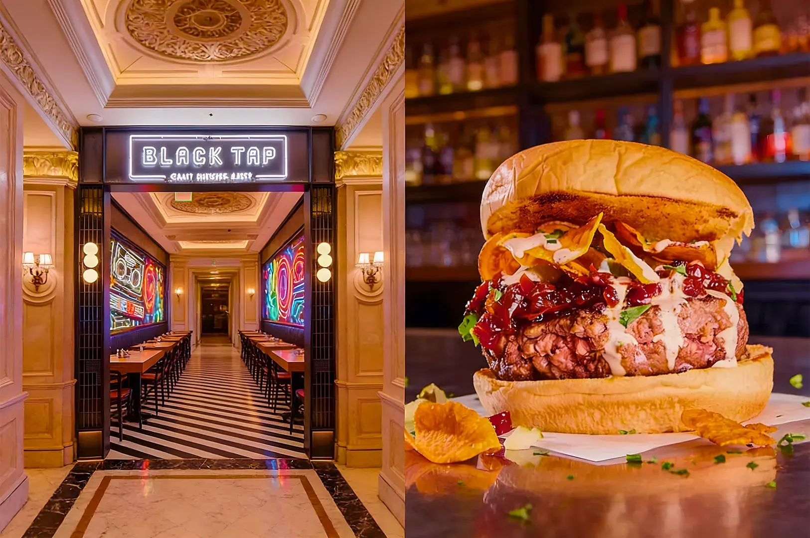 Entrance of "Black Tap" restaurant with vibrant neon wall art and elegant lighting on the left. Juicy gourmet burger with toppings on the right.