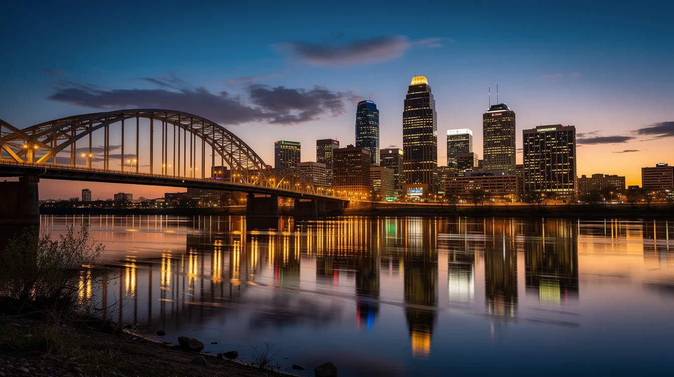 The image showcases the Minneapolis skyline, featuring modern downtown buildings and a bridge, all beautifully reflecting on the calm water below. This picturesque view highlights Minnesota's urban landscape, perfect for those considering auto transport services in the area.