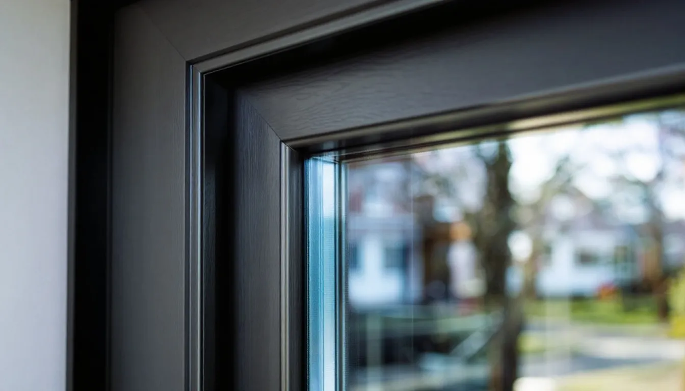 Close-up van een houten kozijn met triple glas, waarbij de drie glasplaten duidelijk zichtbaar zijn. Dit isolerende kozijn biedt een uitstekende isolatiewaarde en draagt bij aan een beter wooncomfort.