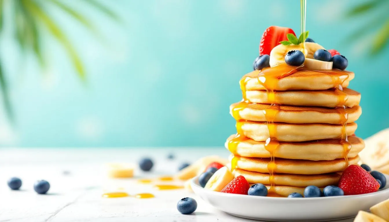 Fluffy pancakes stacked high, drizzled with maple syrup and topped with fresh fruits.