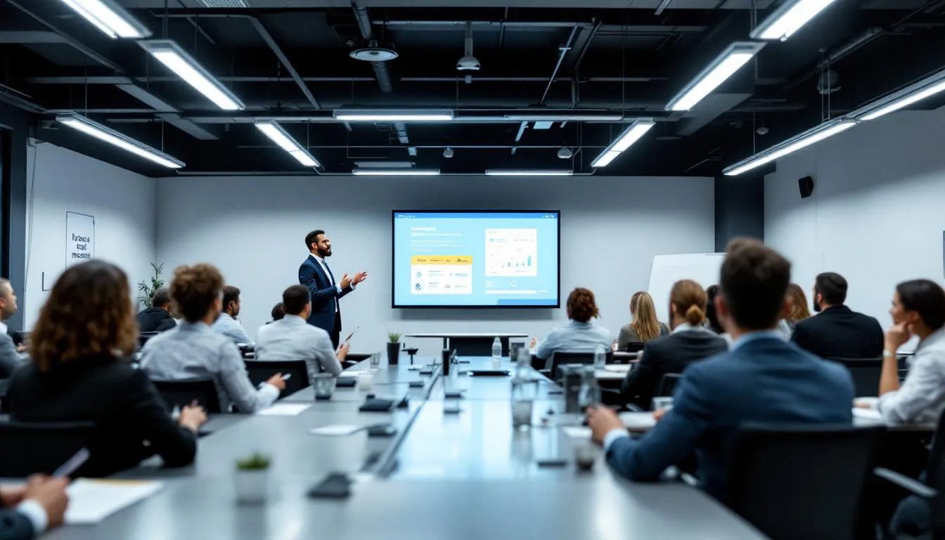 In the image, a diverse group of employees is engaged in a training session focused on digital transformation initiatives within the manufacturing industry. They are using digital tools and technologies to enhance their skills, aiming to improve operational efficiency and implement a successful digital transformation strategy.