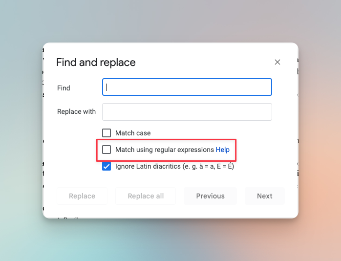 Remote.tools is highlighting the Match using regular expressions in Google doc