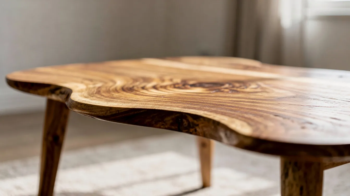 Close-up van een unieke organische salontafel van massief mangohout met zichtbare nerven en een matte afwerking, die de natuurlijke schoonheid en vloeiende lijnen van het hout benadrukt. Deze organisch gevormde salontafel speelt een belangrijke rol in het creëren van een uitnodigende sfeer in moderne woonkamers.