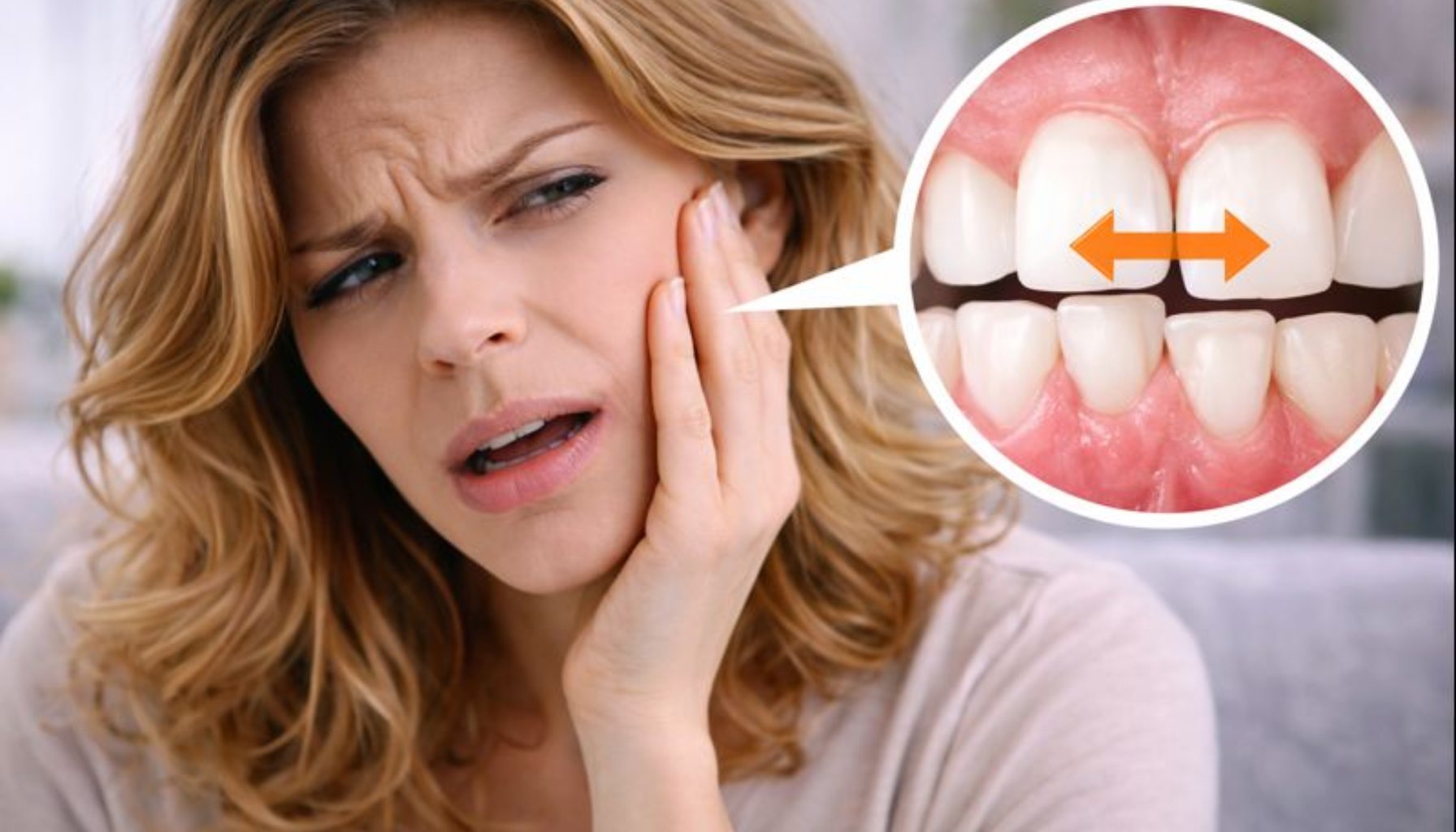 Kvinne holder kinnet bekymret, med nærbilde som viser forskyvning av tenner og endret tannstilling.