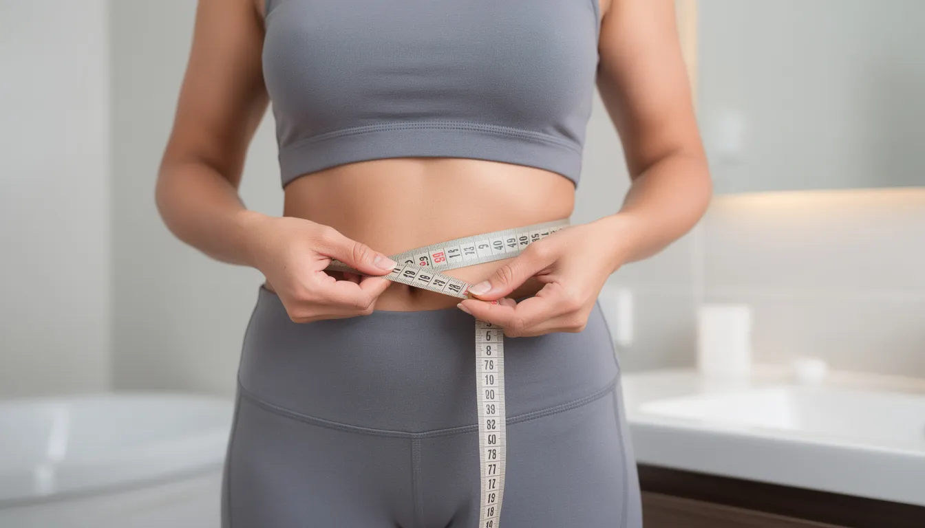 The image shows a person measuring their waist with a tape measure, focusing on body composition and weight management. This action can be part of a fitness routine that may involve dietary supplements like creatine, which some believe can help increase muscle mass and lead to temporary water weight gain.