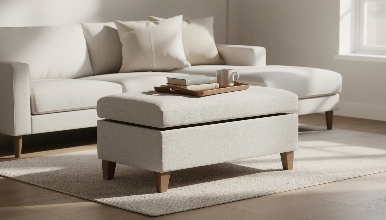 A budget-friendly storage ottoman serves as a stylish coffee table focal point in the living room, enhancing the entire space with its modern design and functionality. Surrounded by throw pillows and decorative objects, it adds warmth and visual interest to the seating area while maximizing storage in a small living room.