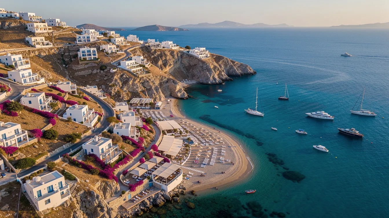 A imagem mostra a costa sul de Mykonos, na Grécia, com suas praias de areia clara e águas azul-turquesa do Mar Egeu. Ao fundo, é possível ver formações rochosas e a arquitetura típica das casas brancas da ilha, criando um cenário paradisíaco que atrai viajantes do mundo todo.