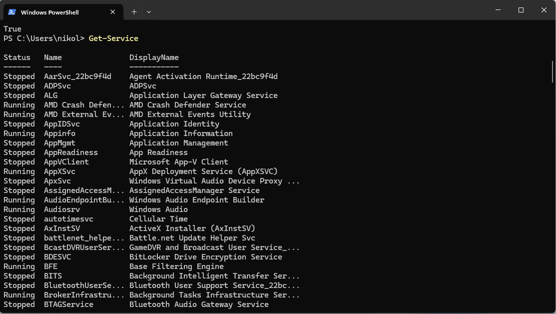 A PowerShell Command Prompt showing the statement "Get-Service".