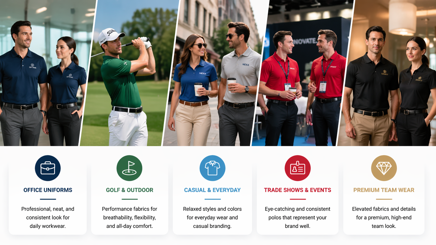 A professional lineup of classic piqué polo, performance polo, and golf polo shirts is neatly arranged on a clean white surface in a modern office setting, showcasing various styles and fabrics ideal for both casual and business casual wear. The display highlights the versatility of short sleeve polos and long sleeve options, perfect for different occasions and personal styles.