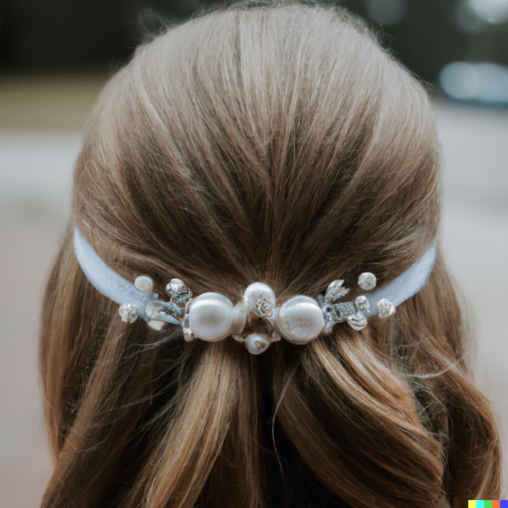 Bride wearing pearl headband.