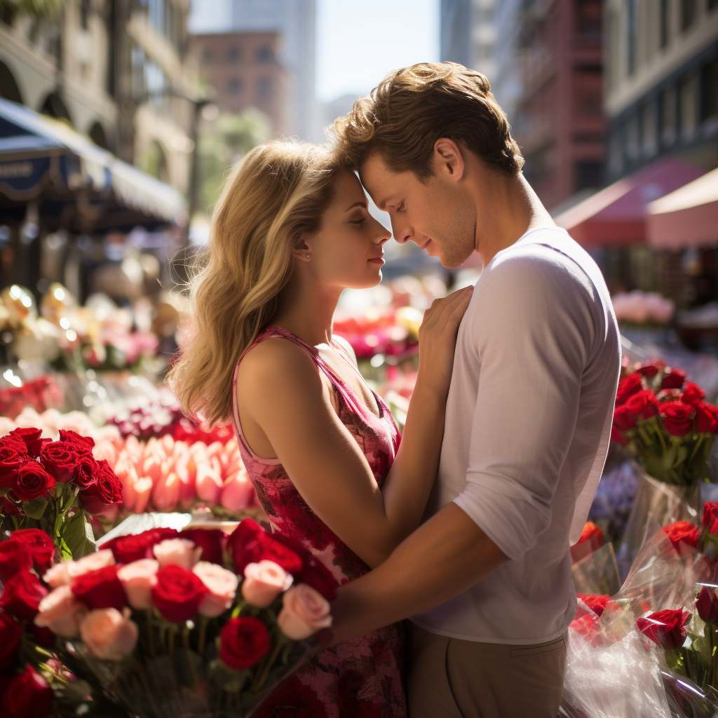 Couple after recieving their Valentine's Day Gifts surrounded by roses