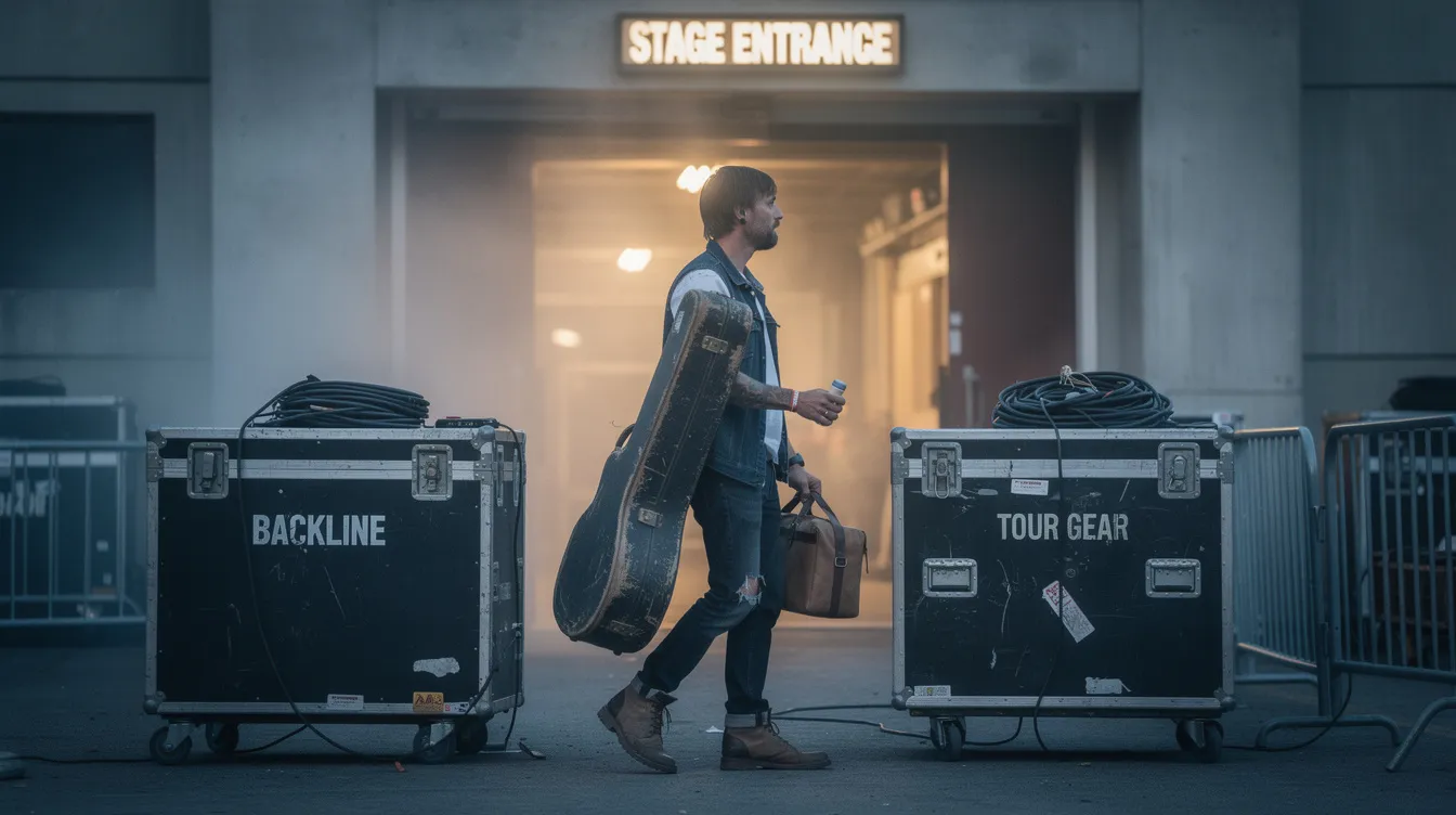 A touring musician is seen walking near a stage entrance, surrounded by various equipment cases, as they prepare for a performance. This scene captures the hustle of the music industry, highlighting the essential role of entertainment law and intellectual property protection in supporting artists and their creative endeavors.