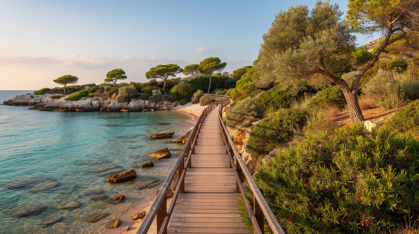 A imagem mostra uma trilha de madeira que se estende sobre águas turquesa, cercada por vegetação mediterrânea exuberante, típica do Parque Nacional de Krka, na Croácia. Esse cenário natural destaca a beleza das cachoeiras e do rio Krka, tornando-se um ponto de interesse para visitantes que buscam experiências únicas na região.