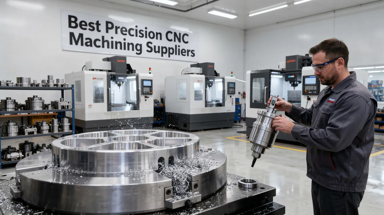 The image features a collage of various precision CNC machining processes, including CNC milling and turning, showcasing high-quality machined parts used in industries such as aerospace and automotive. It highlights the advanced technology and stringent quality control that best CNC machining companies employ to create complex geometries and custom parts.
