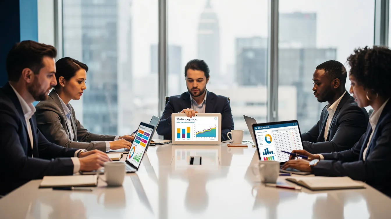 A diverse office team is gathered around a table, intently reviewing workforce program data displayed on their laptops, focusing on the management and tracking of apprenticeship programs to ensure compliance and progress. They are engaged in discussions about the integration of tools and software to streamline the reporting and support of registered apprenticeship programs.