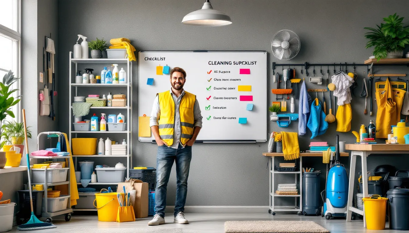 Essential cleaning supplies and equipment for a new cleaning business.