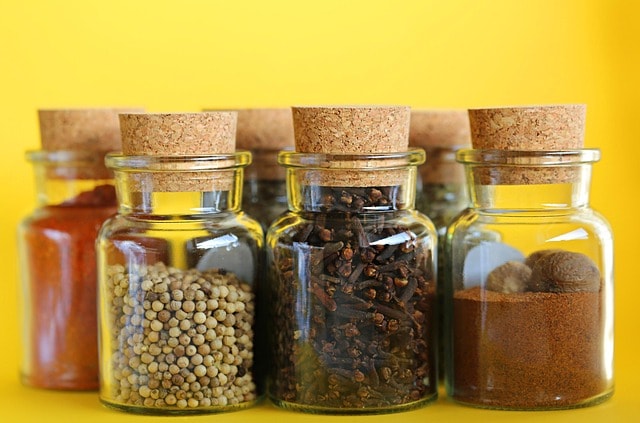spices, kit, yellow background, jar, cup, container, spice, nature, seasoning, bottle, grass, herbal, aromatic, pepper, lid, cooking, cayenne pepper, chile