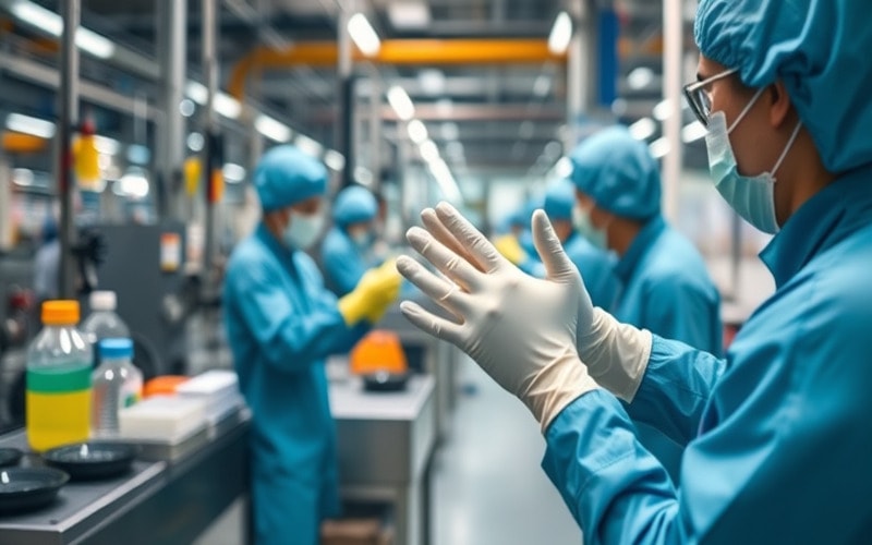 Factory workers wearing neoprene gloves