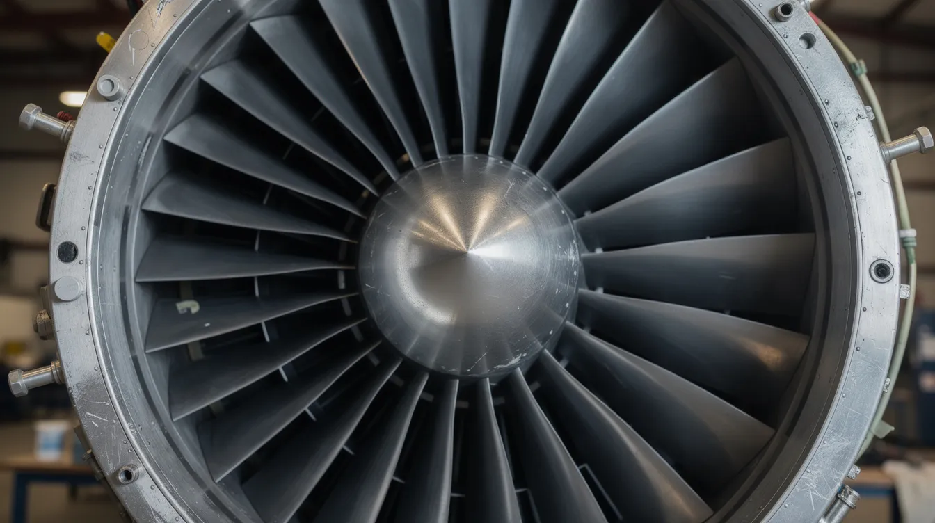 The image features a close-up view of a jet engine turbine, showcasing its metallic blades and casing components, which are designed to withstand high temperatures and provide exceptional strength to weight ratios. The intricate details highlight the material properties of titanium alloys and aluminum alloys, emphasizing their corrosion resistance and suitability for high-stress aerospace applications.