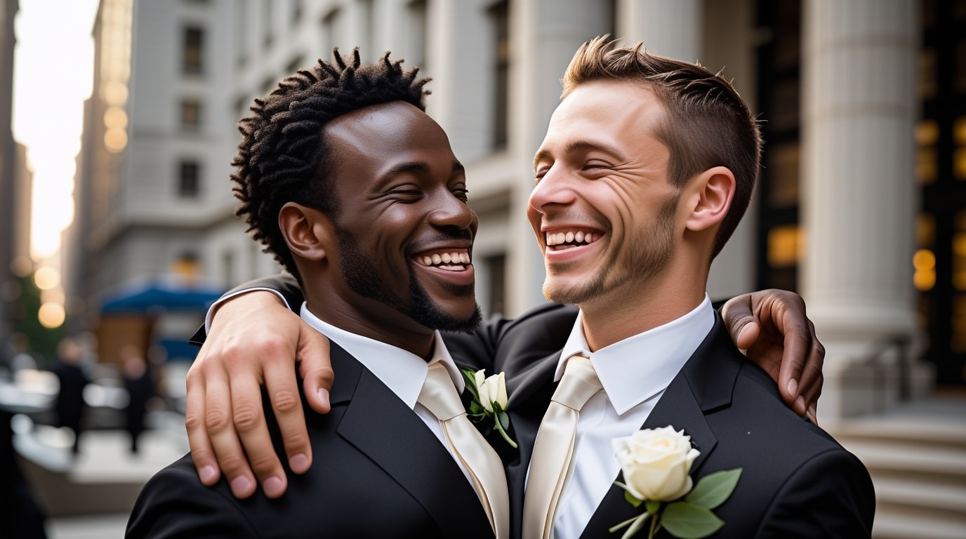 Image of gay couple after getting married at New York City Hall. This represents how gay couples need legal planning to protect their rights of marriage equality.